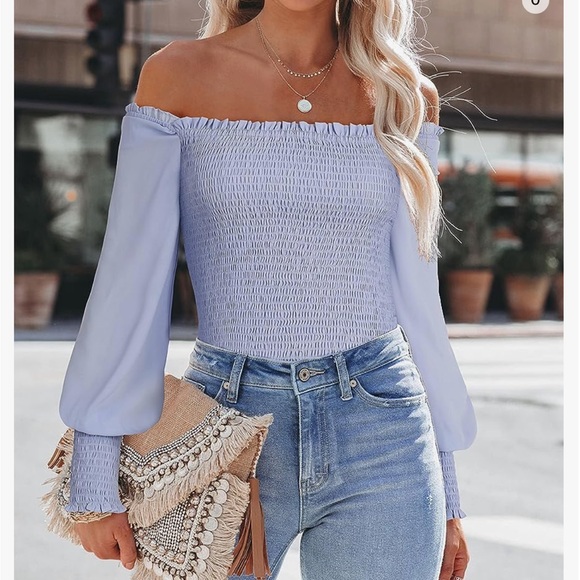 Tops - Womens Casual Long Sleeve Shirts Smocked Slim Fit Puff Sleeves Square Neck Tops